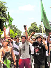 Gorkha National Liberation Front supporters during a protest demanding the arrest of those behind Madan Tamangs murder, in Siliguri on Wednesday