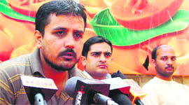 Vikas Sharma, president of the National Secular Forum, addresses mediapersons at Jammu University on Thursday. 