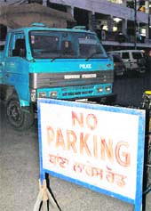 A police truck wrongly parked in the Nehru Shopping Complex on Lawrence Road in Amritsar. 