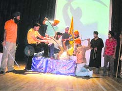 Theatre artistes rehearse Deg Teg Fateh play at Giani Ditt Singh Auditorium at Baba Banda Singh Bahadur College of Engineering and Technology, Fatehgarh Sahib, on Thursday