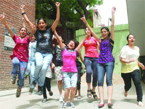 Class X students of St Thomas School in a jubilant mood after the declaration of CBSE results in New Delhi on Friday.