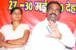 Ravi Kumar, national secretary of the ABVP, addresses mediapersons in Dehradun on Friday.