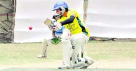 A batsman misses a delivery at the All-India DSL Aleovera under-16 T-20 Cricket Tournament in Dehradun on Friday.