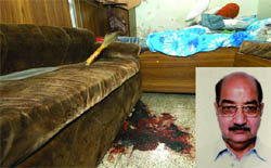 The blood-stained room where Dev Sen Jain (inset) was found dead at Daryaganj.