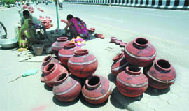 Pitchers on sale along a roadside in Bathinda. 