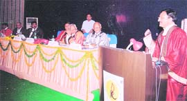 Chief Minister Ramesh Pokhriyal Nishank addresses the convocation function of the University of Petroleum and Energy Studies in Dehradun on Sunday.