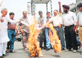 Members of various NGOs in Karnal burn an effigy of the Central Government, for not taking action against the Naxals, on Saturday