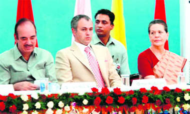 AICC president Sonia Gandhi shares the dias with Union Health Minister Ghulam Nabi Azad and Chief Minister Omar Abdullah in Jammu on Saturday. 