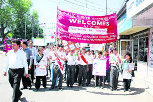 Students of SR Public School, Jammu, take part in an awareness rally on World No-Tobacco Day on Monday.