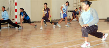 The probables of the handball national team for the forthcoming Asian games during a practice sesion at the Gymnasium Hall in GND University.