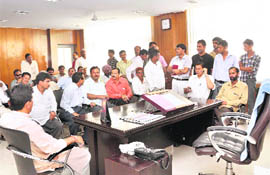 Members of a deputation of the UKD wait for the SSP in his office in Dehradun on Tuesday.
