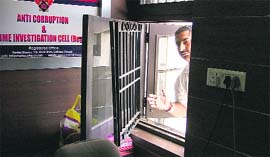 The window of the Anti-Corruption and Crime Investigation Cell that was broken by thieves in Ludhiana on Tuesday.