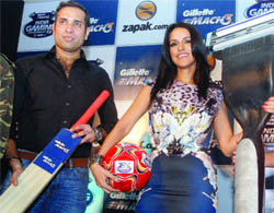 Bollywood actor Neha Dhupia and cricketer V .V. S. Laxman at the launch of an online gaming championship in New Delhi on Wednesday.