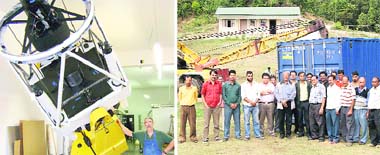 A state-of-the-art telescope that is to be installed at the Devasthal peak near Nainital and (right) scientists involved in the installation project
