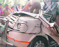 The mangled remains of a mini-bus that was involved in an accident near Ambala City on Wednesday.
