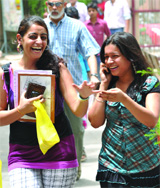 Girls on their way to submit their admission forms at Delhi University on Thursday.