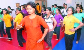 Danseuse Mahua Shankar teaches Kathak to students at a workshop held at the Cambridge International School, organised in association with Spic Macay in Jalandhar
