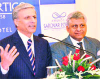 Executive Director Sarovar Hotels and Resorts Ajay K Bakarya addresses the media at the launch of hotel Ambrosia Sarovar Portico in Haridwar on Friday.