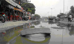Rain on Friday night left the Bathinda-Goniana road waterlogged
