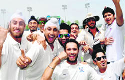 The Patiala team in a jubilant mood after winning the Punjab State Inter-District U-22 Championship at PCA stadium in Mohali on Saturday. 