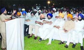 President of the Shiromani Akali Dal (Badal) Manjeet SIngh G.K. addresses his party leaders on the success of Banta Bahadur Fateh March, in New Delhi on Friday night