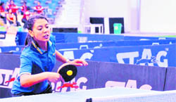   A Nepalese player takes part in the South-Asian Junior and Sub-Junior Table Tennis Championships being held in Dehradun on Saturday.