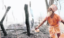 A sadhu douses the fire at Bhuma Niketan in Haridwar on Saturday