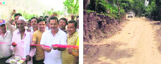    Kanalichina MLA Mayukh Singh Mahar inaugurates the 2-km-long road constructed by villagers; and (right) the road at Pipli village on the Indo-Nepal border in Pitthoragarh.