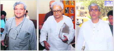 (L-R) Left Front leaders Sitaram Yechury, Biman Bose and Manik Sarkar arrive for the Politburo meeting in New Delhi on Saturday.