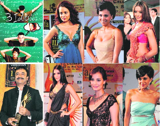 (Right) Bollywood stars Kangana Ranaut, Lara Dutta, Bipasha Basu, Neha Dhupia, Dia Mirza and Mandira Bedi arrive for the IIFA awards in Colombo. (Left) Rajkumar Hirani poses with a trophy after receiving the best director award for his film 3 Idiots.