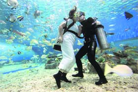 A Filipino diver dressed as the bride receives a kiss from the groom inside a giant acrylic aquarium during a promotional event titled "June Weddings" at a Manila theme park
