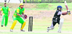Players in action during a match of the premier cricket league tournament at Tau Devi Lal Cricket Stadium,Panchkula, on Monday.
