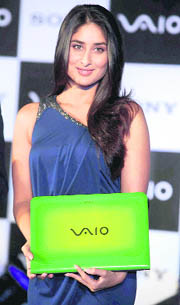 Kareena Kapoor displays a new laptop at its launch in Mumbai on Tuesday.  PTI 