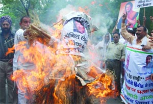 All-India Rajiv Gandhi Brigade activists burn an effigy of Spanish author Javier Moro to protest against his book that allegedly defames Congress president Sonia Gandhi in New Delhi on Tuesday.