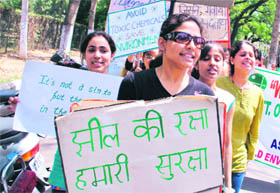Students participate in an awareness rally organised by the Directorate of Ecology, Environment and Remote Sensing at University of Jammu on Tuesday. 