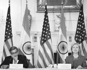 External Affairs Minister S.M. Krishna and US Secretary of State Hillary Clinton at the first strategic dialogue in Washington DC