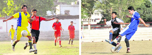 A match of the Lala Nemi Das District Football League being played at Pavilion Grounds in Dehradun on Thursday and (right) players vie for the ball during a match of the Dehradun Football League at the Police Lines.