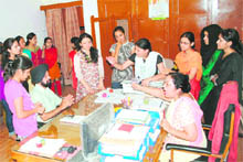 A heated exchange between students and Politicial Science Department Head, Prof Kulwant Kaur, in Jammu University on Thursday. 