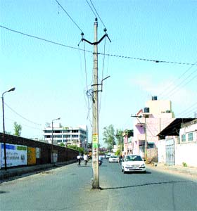 Electricity pole stands in middle of the road in the Kirti Nagar locality in Jalandhar