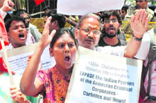 CPI-ML activists during a protest against the Bhopal gas tragedy verdict in New Delhi on Thursday. 