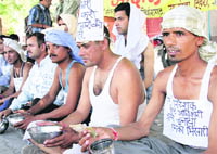 Sacked Ayurvedic and Unani staff hold a protest at the Vidhan Sabha in Dehradunon Friday.