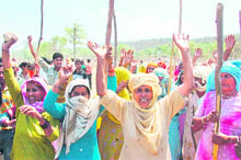 Gujjars protest against the anti-encroachment drive carried out by the Jammu Development Authorities near Sidhra on Saturday. 