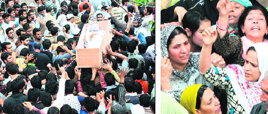 The coffin of Toufail Ahmed being taken in a procession for burial in Srinagar; and (right) relatives mourn the death of the boy.