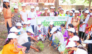 Members of Udayan Care, an NGO, plant saplings in Dehradun on Sunday.