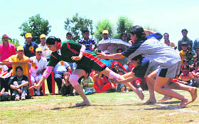 Students in action during a kabaddi match between Chamba and Una at an ITI state-level sports meet in Dharamsala on Sunday