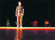 A scene from a play, Maa, Baap aur Bachey, staged at Abinav Theatre in Jammu on Sunday.