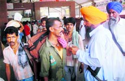 A farmer negotiates with a migrant labourer at Bathinda railway station on Sunday for transplanting paddy in his fields