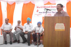 SMO Civil Hospital, Bathinda, Dr Vinod Garg, speaking at a Blood Donation Day function held at Civil Hospital in Bathinda on Monday.