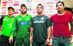 Captains of Bangladesh Sakib Al Hassan, Pakistan Shahid Afridi, India Mahendra Singh Dhoni and Sri Lanka Kumar Sangakkara pose during a news conference in Dambulla on Monday