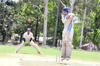 A batsman faces a bouncer in a match of the Uttarakhand Challenger Cup Cricket Tournament at the OFD Ground in Dehradun